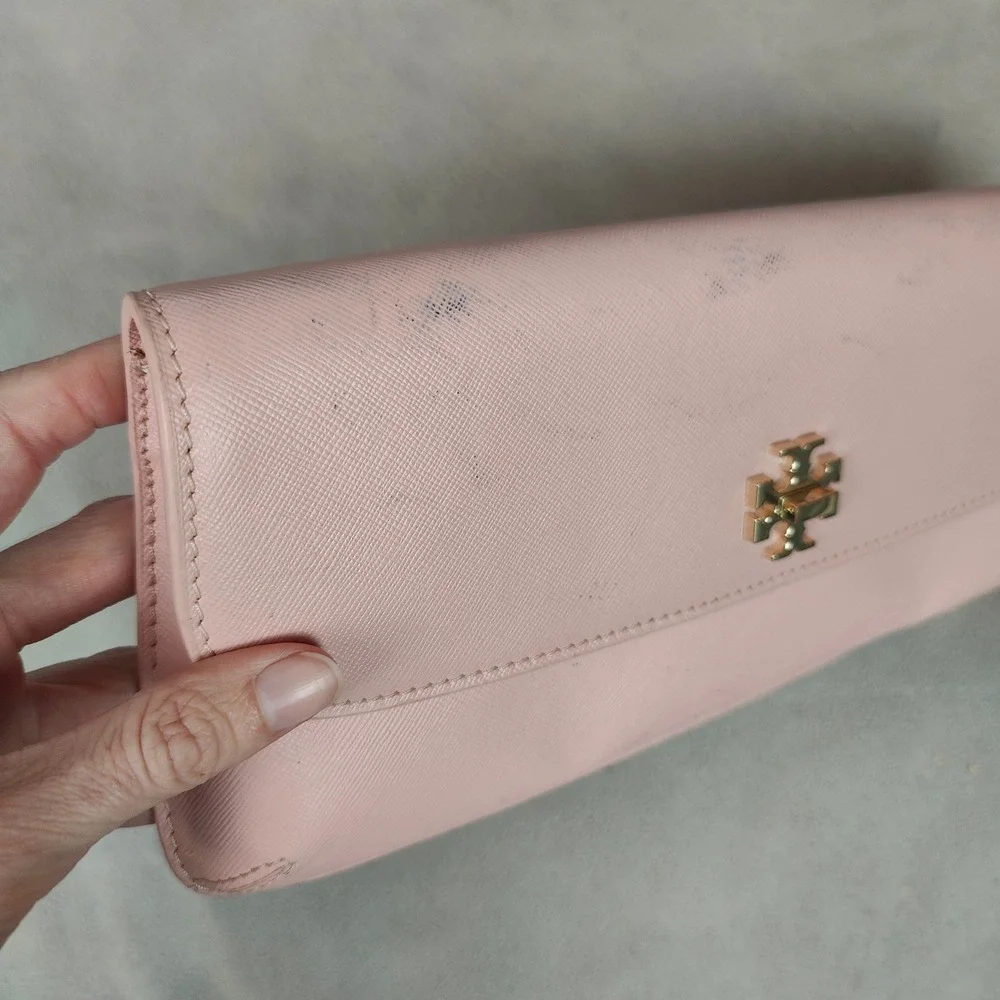Tory Burch Leather Slim Diana Flap Clutch Blush Pink Saffiano Preppy‎ FLAWS